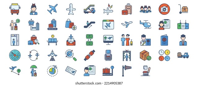 Collection of icons related to Aviation travel and airport, including icons like Air hostess, aircraft, baggage, Duty free, passenger and more. vector illustrations, Pixel Perfect set