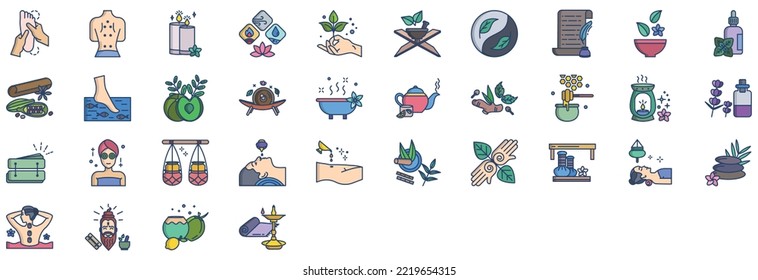 Collection of icons related to Ayurvedic and treatment, including icons like Fish spa, Massage, spa and more. vector illustrations, Pixel Perfect set
