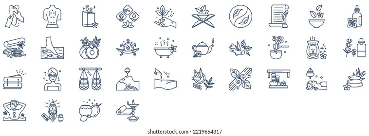 Collection of icons related to Ayurvedic and treatment, including icons like Fish spa, Massage, spa and more. vector illustrations, Pixel Perfect set