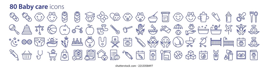 Collection of icons related to Baby birth and child care, including icons like Childhood, Pregnancy, baby Shop and more. vector illustrations, Pixel Perfect