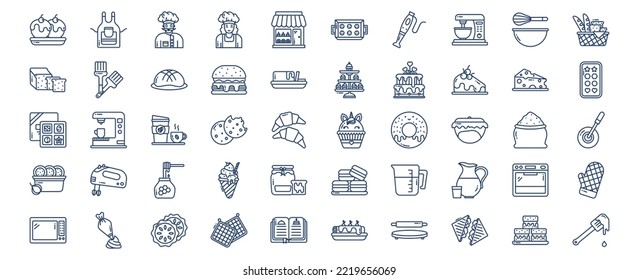 Collection of icons related to Baking and Bakery, including icons like Cake, Apron, Baking tray and more. vector illustrations, Pixel Perfect set