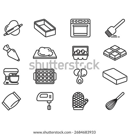 A collection of icons related to baking bread. Vector line style. Contains icons such as baking pans, eggs, flour, and more.
