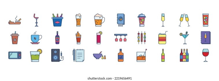 Collection of icons related to Bar and Cafe, including icons like Beer glass, Champagne, Cocktail and more. vector illustrations, Pixel Perfect set