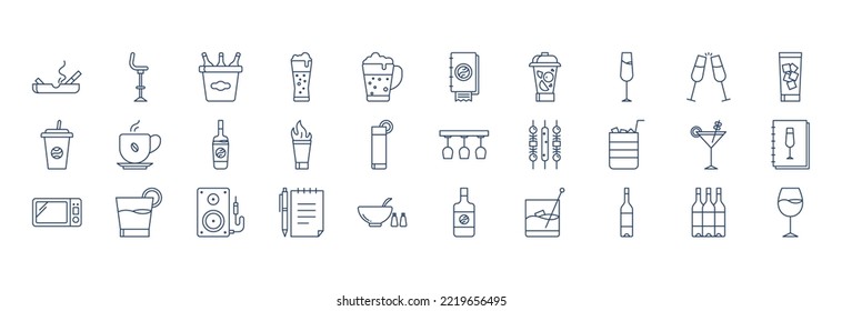 Colección de íconos relacionados con Bar and Cafe, incluyendo íconos como Beer glass, Champagne, Cocktail y más. ilustraciones vectoriales, conjunto Pixel Perfect