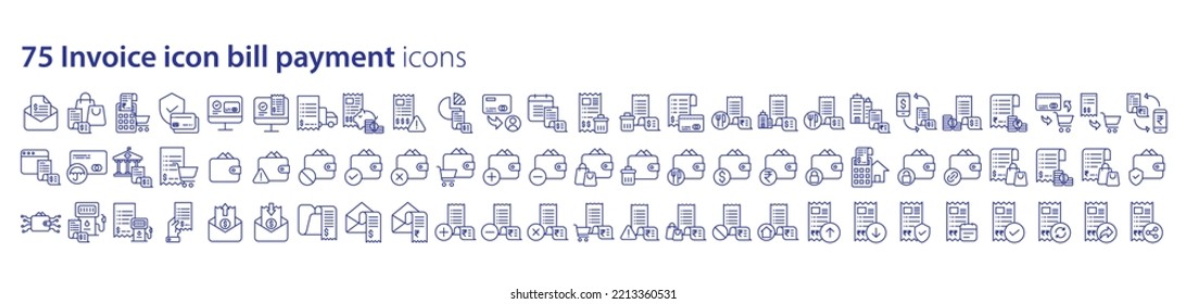 Collection of icons related to Bill payments and Invoice, including icons like Purchase, dollar, Debit card, Receipt and more. vector illustrations, Pixel Perfect