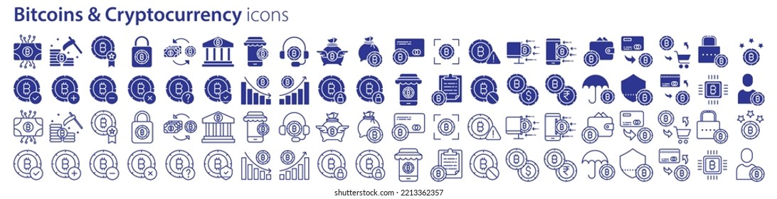 Collection Of Icons Related To Bitcoin And Cryptocurrency, Including Icons Like Key, Transaction, Payment, Buy, Sell And More. Vector Illustrations, Pixel Perfect