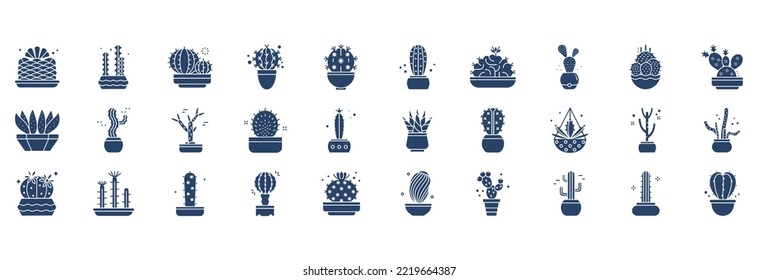 Collection of icons related to Cactus Plant, including icons like Tree, Blue Columnar, Dwarf Chin, Parodia and more. vector illustrations, Pixel Perfect set