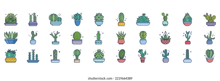 Collection of icons related to Cactus Plant, including icons like Tree, Blue Columnar, Dwarf Chin, Parodia and more. vector illustrations, Pixel Perfect set