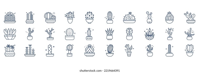 Collection of icons related to Cactus Plant, including icons like Tree, Blue Columnar, Dwarf Chin, Parodia and more. vector illustrations, Pixel Perfect set