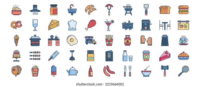 Collection of icons related to Cafe and restaurant, including icons like  Rice bowl, Chef, Pastry and more. vector illustrations, Pixel Perfect set

