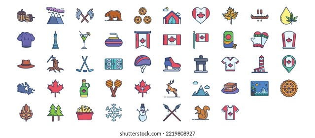 Collection of icons related to Canada country , including icons like Moose, Location, Nature and more. vector illustrations, Pixel Perfect set