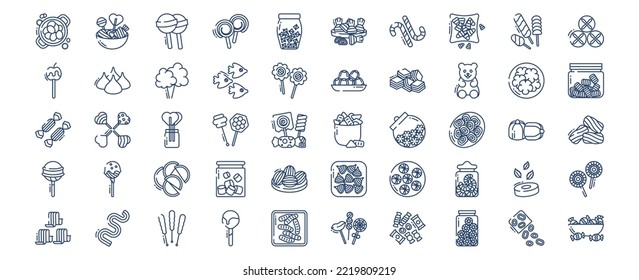 Collection of icons related to Candies and sweets, including icons like ball lollipop, Candy and more. vector illustrations, Pixel Perfect set