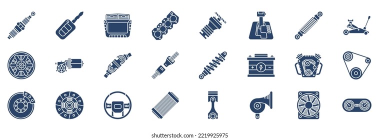 Collection of icons related to Car Equipments, including icons like Display, seat, car battery and more. vector illustrations, Pixel Perfect set