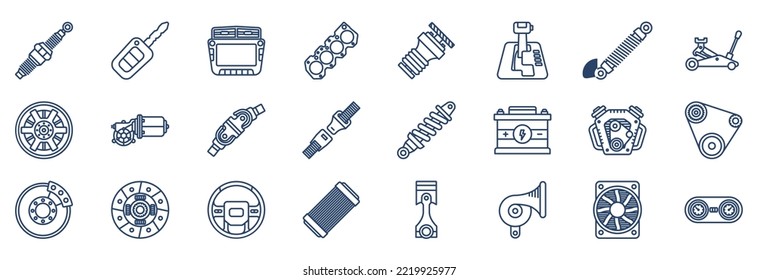 Collection of icons related to Car Equipments, including icons like Display, seat, car battery and more. vector illustrations, Pixel Perfect set