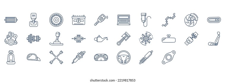 
Sammlung von Symbolen für Autoteile und Automobile, einschließlich Symbolen wie Luftfilter, Baring, Autobatterie und mehr. Vektorgrafiken, Pixel Perfect Set
