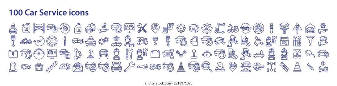 Collection of icons related to Car service and garage, including icons like Battery, Automobile, Technician, Wrench and more. vector illustrations, Pixel Perfect