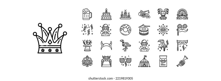 Collection of icons related to Carnival, including icons like Beer, Cake, Candles and more. vector illustrations, Pixel Perfect set