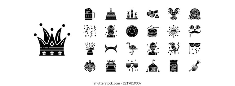 Collection of icons related to Carnival, including icons like Beer, Cake, Candles and more. vector illustrations, Pixel Perfect set