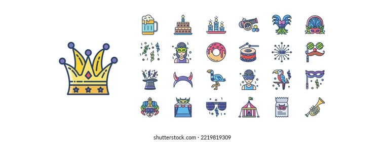 Collection of icons related to Carnival, including icons like Beer, Cake, Candles and more. vector illustrations, Pixel Perfect set
