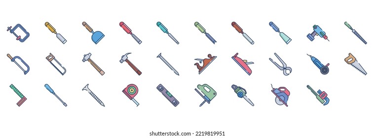 Collection of icons related to Carpentry tools, including icons like Clipper, Cutting tool, File and more. vector illustrations, Pixel Perfect set
