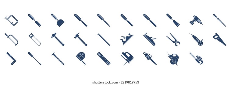Colección de iconos relacionados con las herramientas Carpentry, incluyendo iconos como Clipper, herramienta Cutting, File y más. ilustraciones vectoriales, conjunto Pixel Perfect
