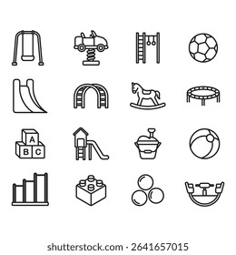 Collection of icons related to children's playground. Thin line vectors. Contains icons such as trampoline, slide, swing and more.
