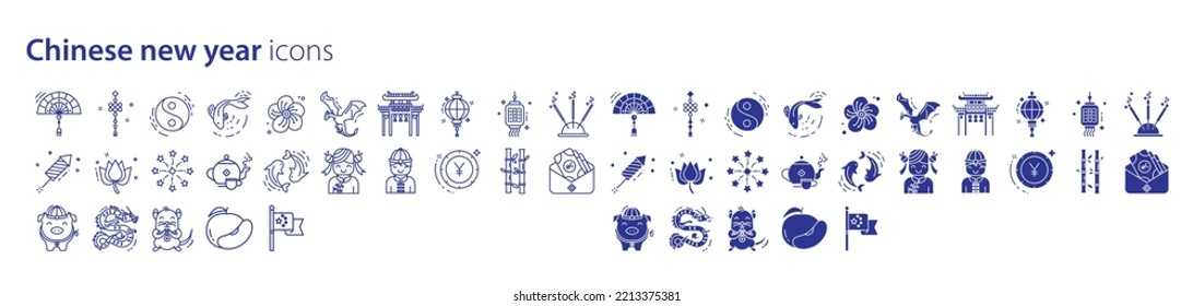 Collection of icons related to Chinese new year, including icons like yang yin, festival,Koi fish, Incense and more. vector illustrations, Pixel Perfect