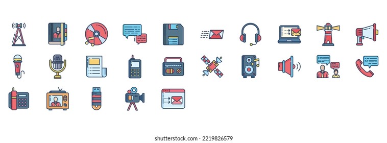 Sammlung von Symbolen im Zusammenhang mit Kommunikation, einschließlich Symbolen wie Antenna, Book, Chat, Diskette und mehr. Vektorgrafiken, Pixel Perfect Set
