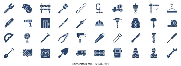 Collection of icons related to Construction tools, including icons like Spanner, Barrier, Chain and more. vector illustrations, Pixel Perfect set