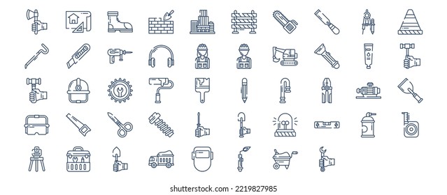 Collection of icons related to Construction tools, including icons like Axe, Blueprint, Brick, Building and more. vector illustrations, Pixel Perfect set