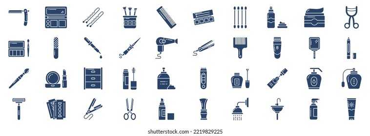 Collection of icons related to Cosmetics and beauty products, including icons like Blush Palette, brush, Comb, Cotton Buds and more. vector illustrations, Pixel Perfect set