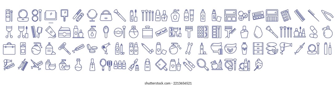 Collection of icons related to Cosmetics and makeup, including icons like Lipstick, Brush, Makeup Bag and more. vector illustrations, Pixel Perfect