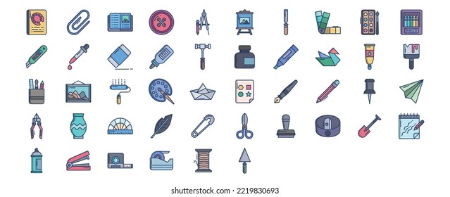 Collection of icons related to Craft and tools, including icons like Book, Attach, crayons,  Drop and more. vector illustrations, Pixel Perfect set
