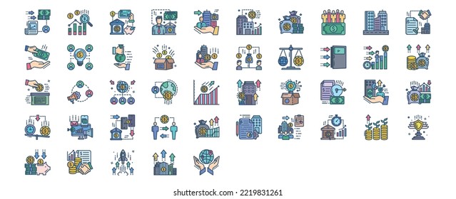 Collection of icons related to Crowdfunding, including icons like Analytics, Bank, Banker, Business and more. vector illustrations, Pixel Perfect set
