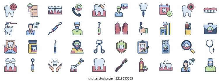 Collection of icons related to Dental health, including icons like Bacteria, Bill, Braces, Call and more. vector illustrations, Pixel Perfect set