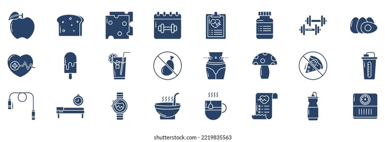 Collection of icons related to Diet And Nutrition, including icons like Apple, Bread, Cheese, Drug and more. vector illustrations, Pixel Perfect set