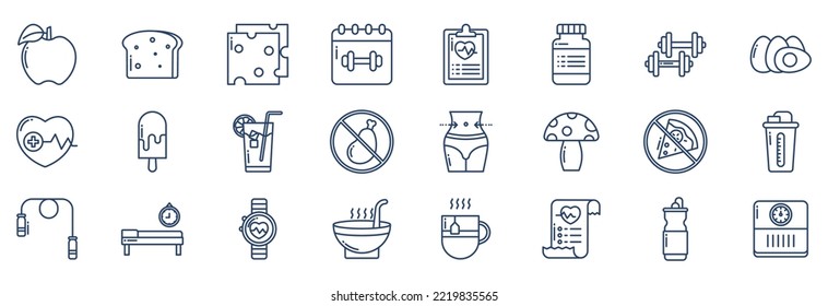 Collection of icons related to Diet And Nutrition, including icons like Apple, Bread, Cheese, Drug and more. vector illustrations, Pixel Perfect set