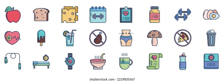 Collection of icons related to Diet And Nutrition, including icons like Apple, Bread, Cheese, Drug and more. vector illustrations, Pixel Perfect set