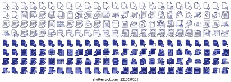 Collection of icons related to Documents and records, including icons like Dollar, page, bill, Check mark and more. vector illustrations, Pixel Perfect