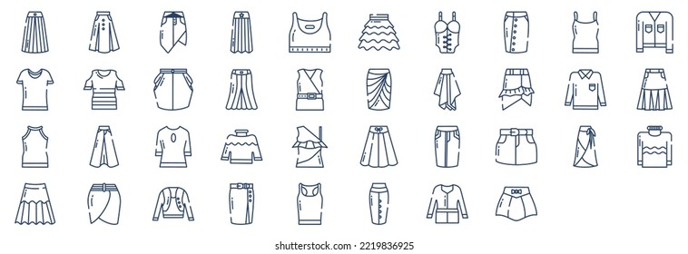 
Collection of icons related to Dress, including icons like Skirt, Blouse Top and more. vector illustrations, Pixel Perfect set