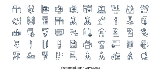 Collection of icons related to Education and School, including icons like Student, printer, table, bag and more. vector illustrations, Pixel Perfect set

