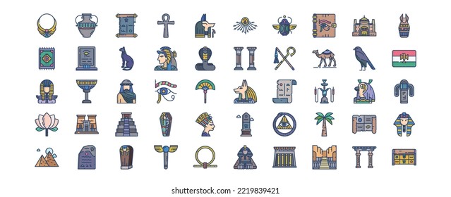 Colección de íconos relacionados con Egipto, incluyendo íconos como Accesorios, Mummy, Gato, Águila y más. ilustraciones vectoriales, conjunto Pixel Perfect