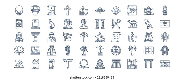 Colección de íconos relacionados con Egipto, incluyendo íconos como Accesorios, Mummy, Gato, Águila y más. ilustraciones vectoriales, conjunto Pixel Perfect