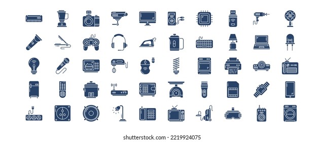 Collection of icons related to Electrical Devices and Home appliances, including icons like monitor, projector, mouse and more. vector illustrations, Pixel Perfect set
