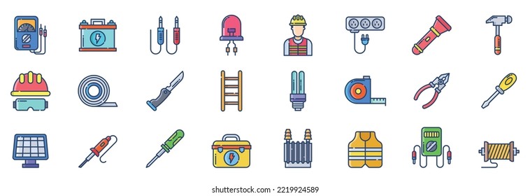 Collection of icons related to Electrician, including icons like Ammeter, Battery, Cable, Diode and more. vector illustrations, Pixel Perfect set
