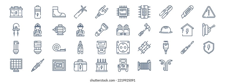 Collection of icons related to Electrician, including icons like Accumulator, Battery, Boots, Cpu and more. vector illustrations, Pixel Perfect set