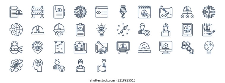 Colección de iconos relacionados con Ingeniería, incluyendo íconos como Analítica, Libro, Codificación, Documento y más. ilustraciones vectoriales, conjunto Pixel Perfect