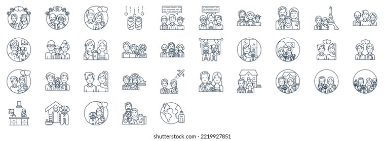 Collection of icons related to Family members , including icons like Father, mother, uncle, aunt, son, kid, and more. vector illustrations, Pixel Perfect set
