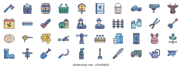 Collection of icons related to Farming and agriculture, including icons like Axe, Barrel, basket, Book and more. vector illustrations, Pixel Perfect set
