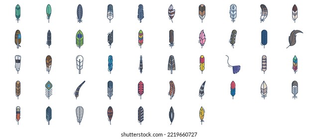 Collection of icons related to Feather and quill, including icons like Peacock feather, Parrot feather, Pigeon feather and more. vector illustrations, Pixel Perfect set